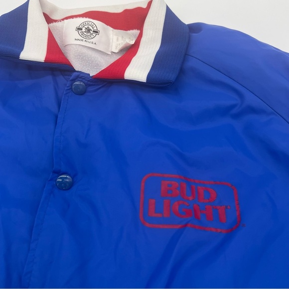Vintage Bud Light Satin Bomber Jacket XL Blue USA Snap Front 80s Beer Promo - Picture 3 of 13